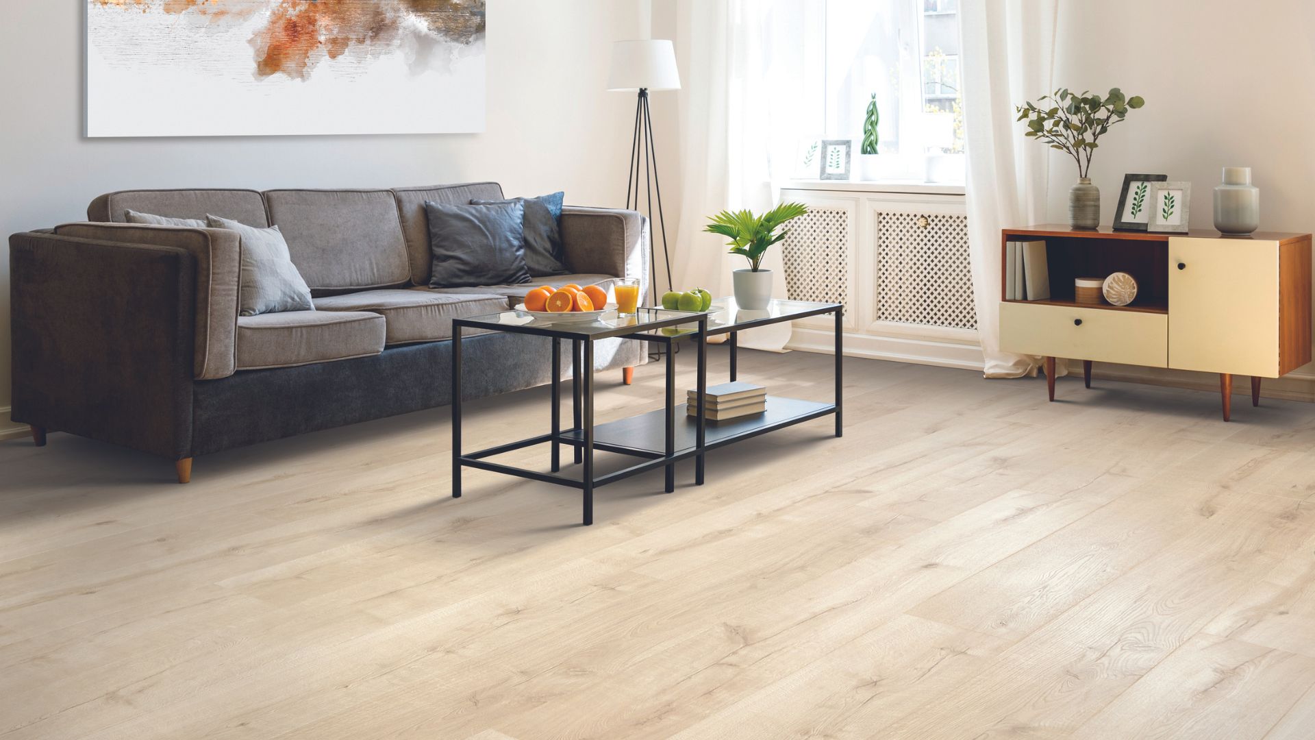 wood look laminate in a bright living room